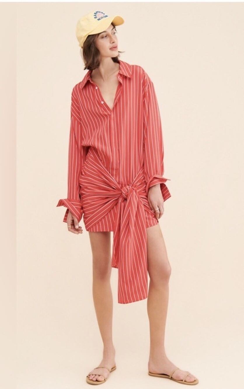 Bardot Malira Mini Shirt Dress US 4 Red White Striped Tie Front Preppy Vacation